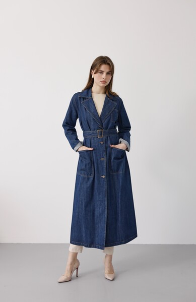 Neways - 6655-Kuşaklı Denim Ceket Koyu Mavi