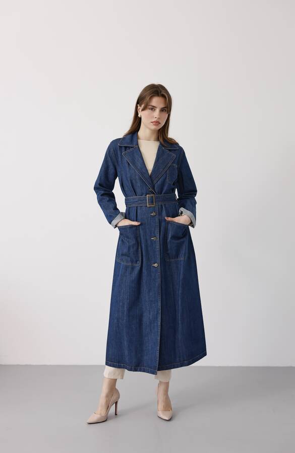 6655-Kuşaklı Denim Ceket Koyu Mavi