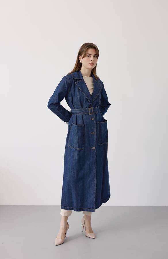 6655-Kuşaklı Denim Ceket Koyu Mavi