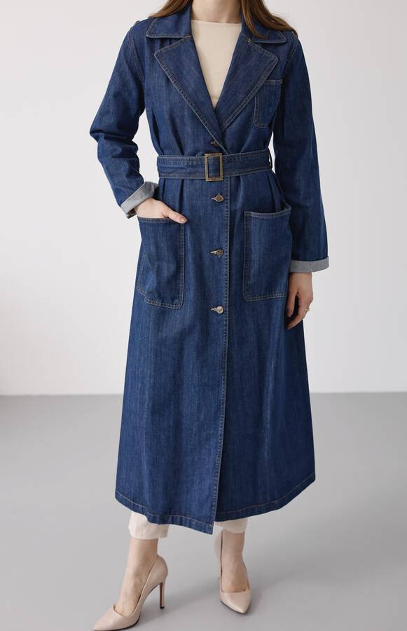 6655-Kuşaklı Denim Ceket Koyu Mavi