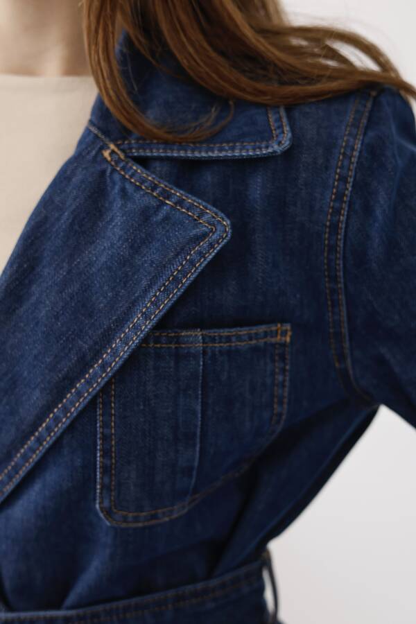 6655-Kuşaklı Denim Ceket Koyu Mavi