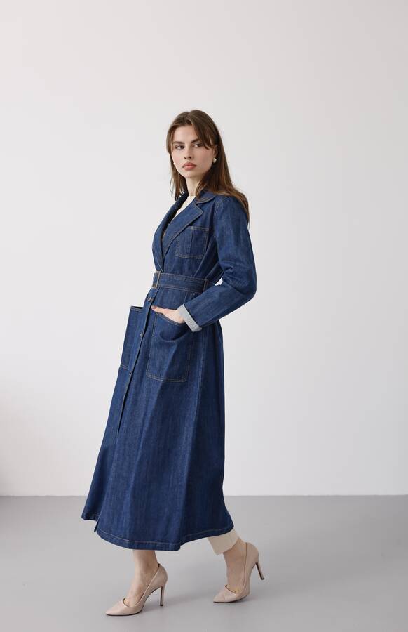 6655-Kuşaklı Denim Ceket Koyu Mavi