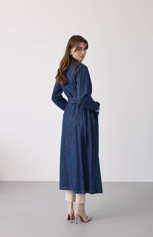 6655-Kuşaklı Denim Ceket Koyu Mavi