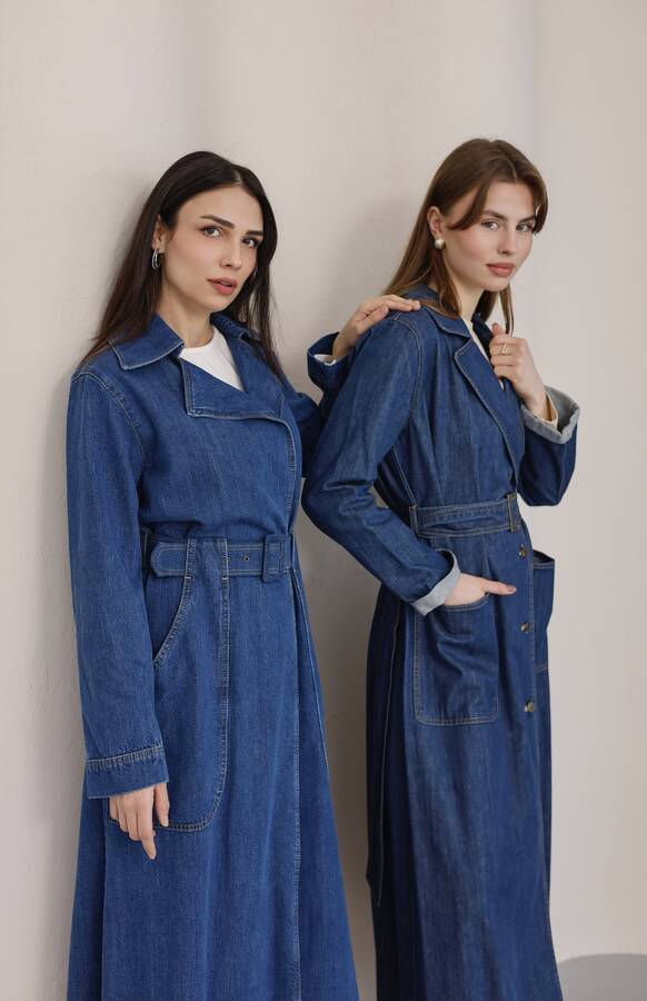 6655-Kuşaklı Denim Ceket Koyu Mavi