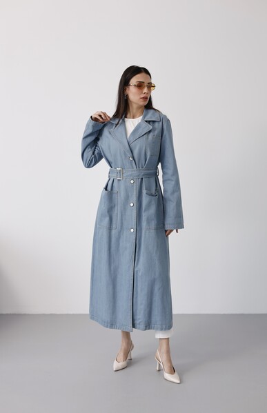 Neways - 6655-Kuşaklı Denim Ceket Mavi