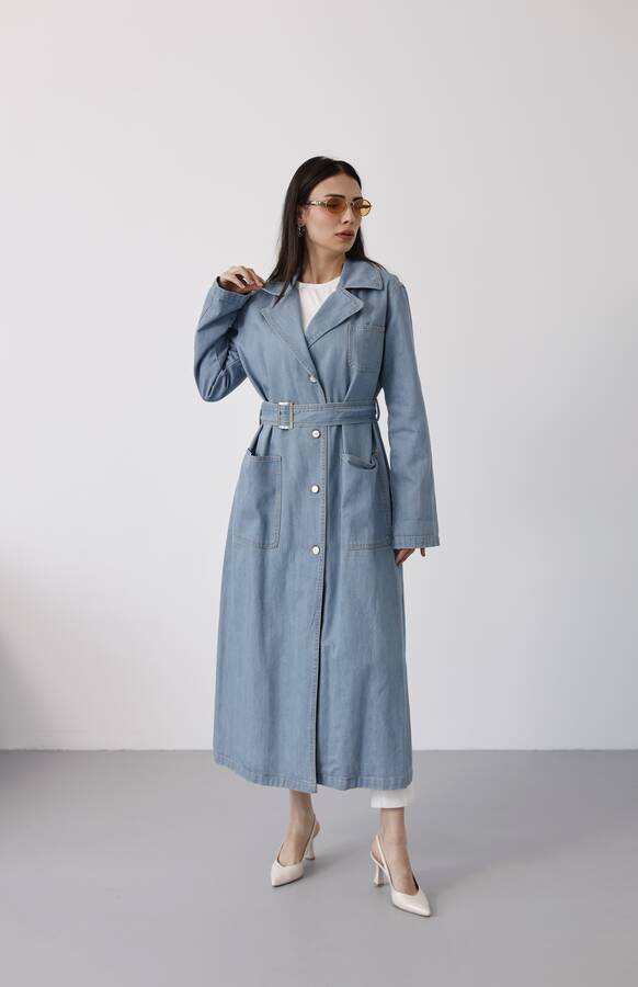 6655-Kuşaklı Denim Ceket Mavi