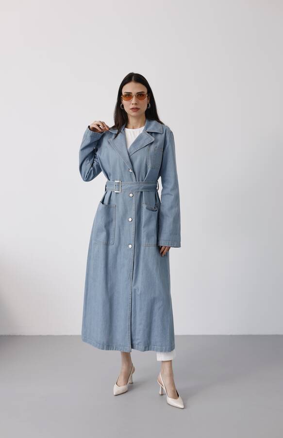 6655-Kuşaklı Denim Ceket Mavi