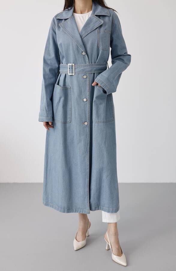 6655-Kuşaklı Denim Ceket Mavi