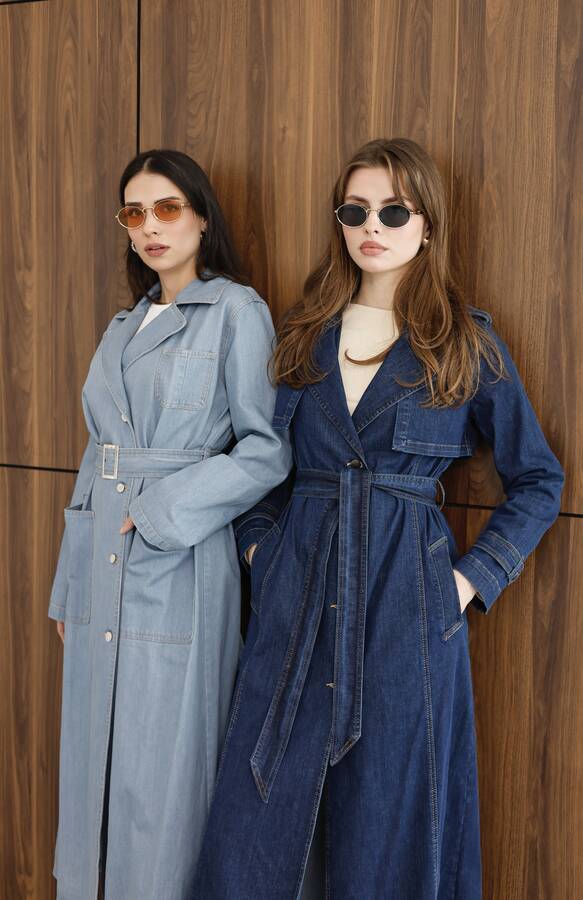 6655-Kuşaklı Denim Ceket Mavi