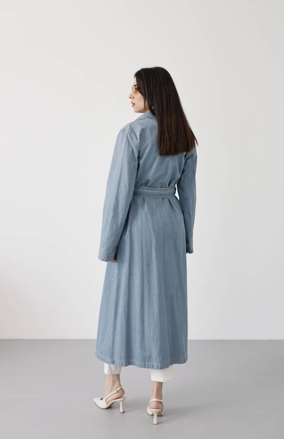 6655-Kuşaklı Denim Ceket Mavi