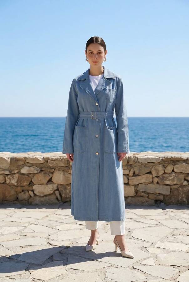 6655-Kuşaklı Denim Ceket Mavi