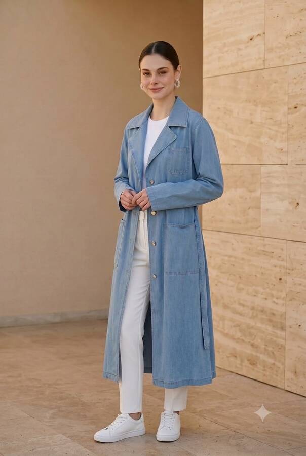 6655-Kuşaklı Denim Ceket Mavi