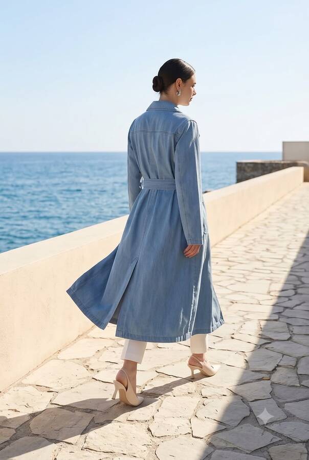 6655-Kuşaklı Denim Ceket Mavi