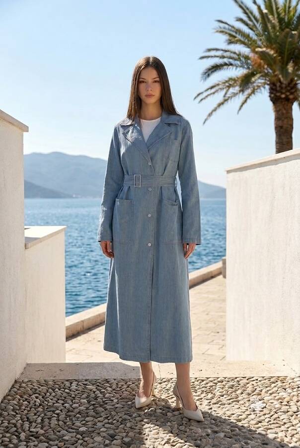 6655-Kuşaklı Denim Ceket Mavi