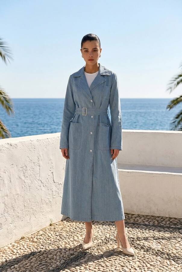 6655-Kuşaklı Denim Ceket Mavi