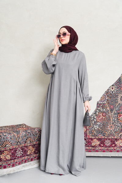 Neways - 6657-Büzgülü Sallaş elbise Gri