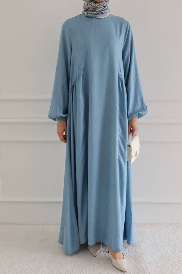 6657-Büzgülü Sallaş elbise Mavi