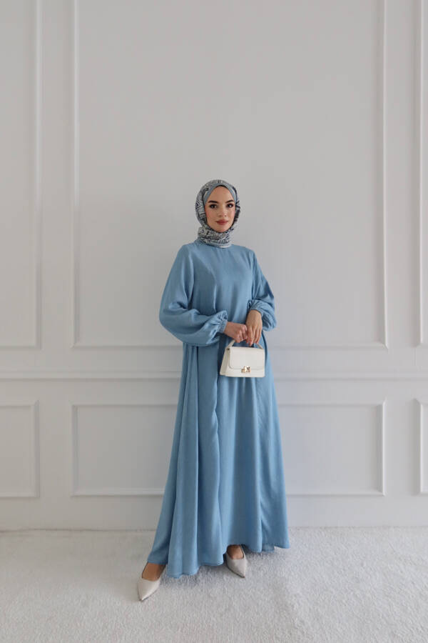 6657-Büzgülü Sallaş elbise Mavi