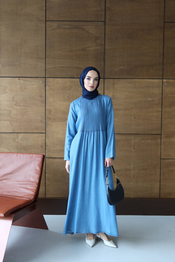 6658-Tensel Nervürlü Elbise Koyu Mavi