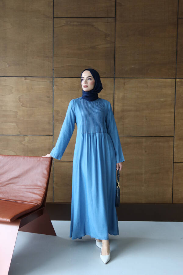 6658-Tensel Nervürlü Elbise Koyu Mavi