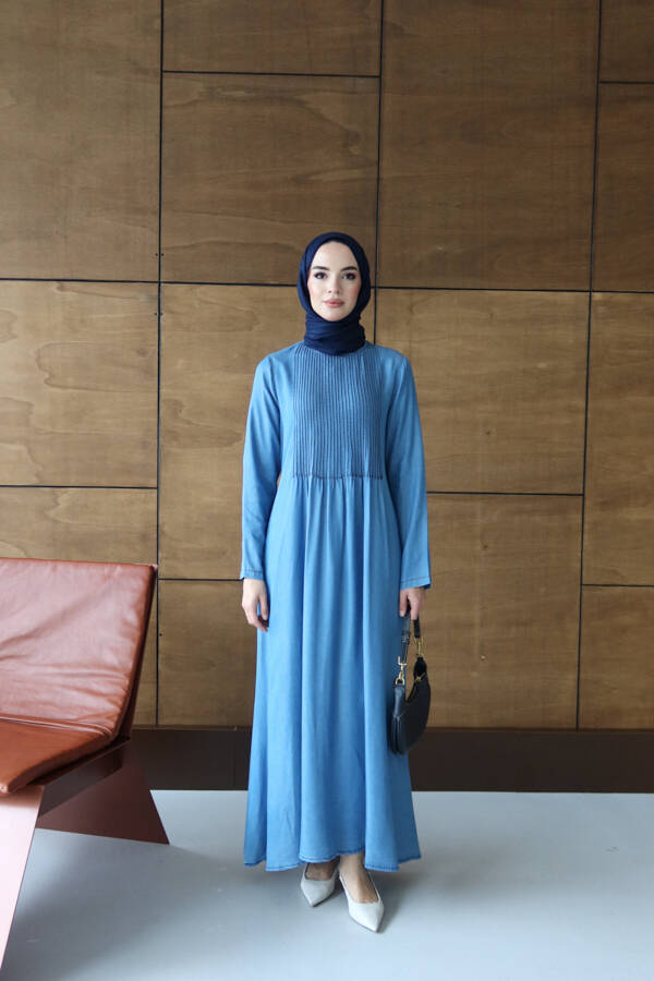 6658-Tensel Nervürlü Elbise Koyu Mavi