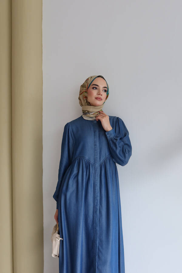 6659-Tensel Büzgülü Ferace Koyu Mavi