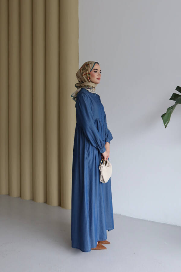 6659-Tensel Büzgülü Ferace Koyu Mavi