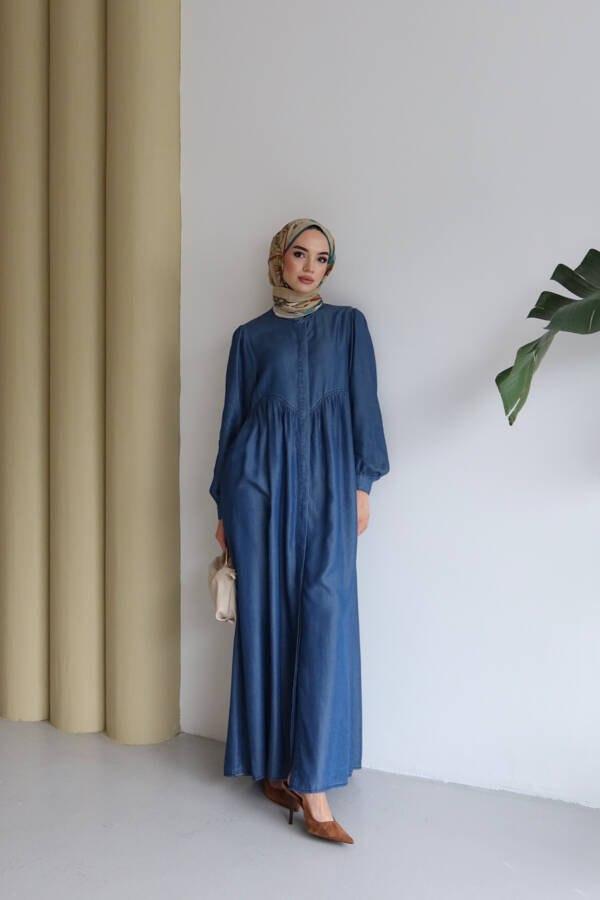 6659-Tensel Büzgülü Ferace Koyu Mavi