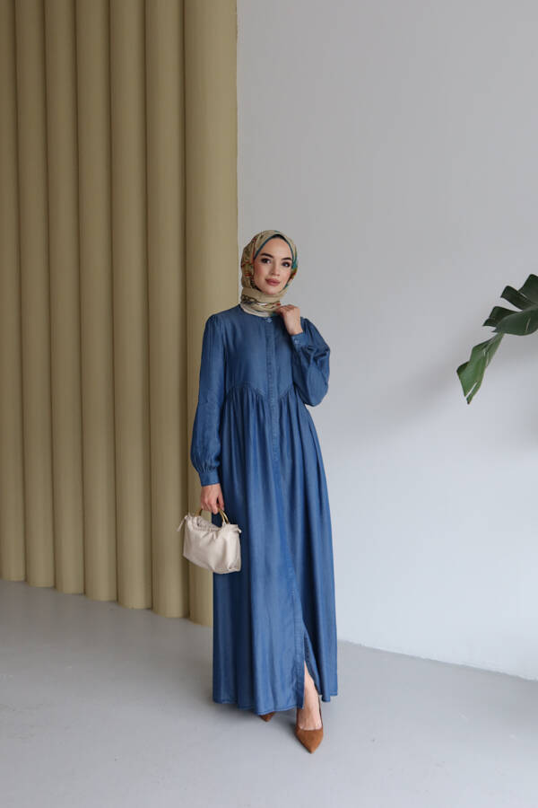 6659-Tensel Büzgülü Ferace Koyu Mavi