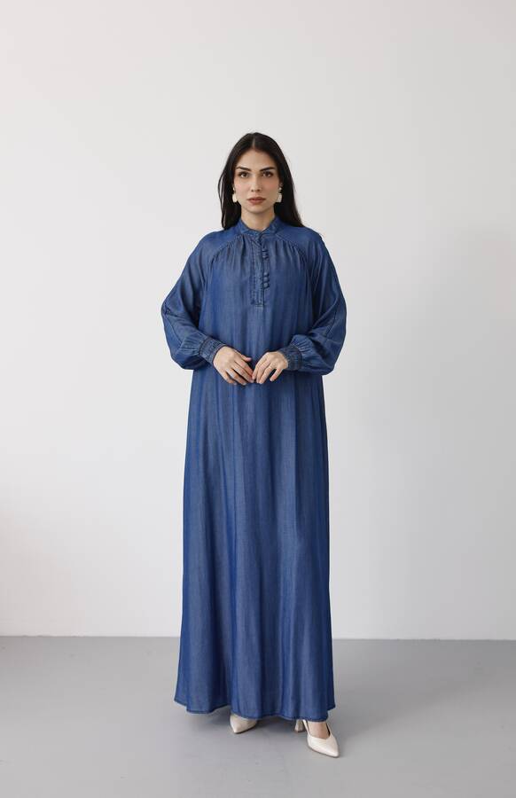 6665-Büzgülü Patlı Elbise Koyu Mavi