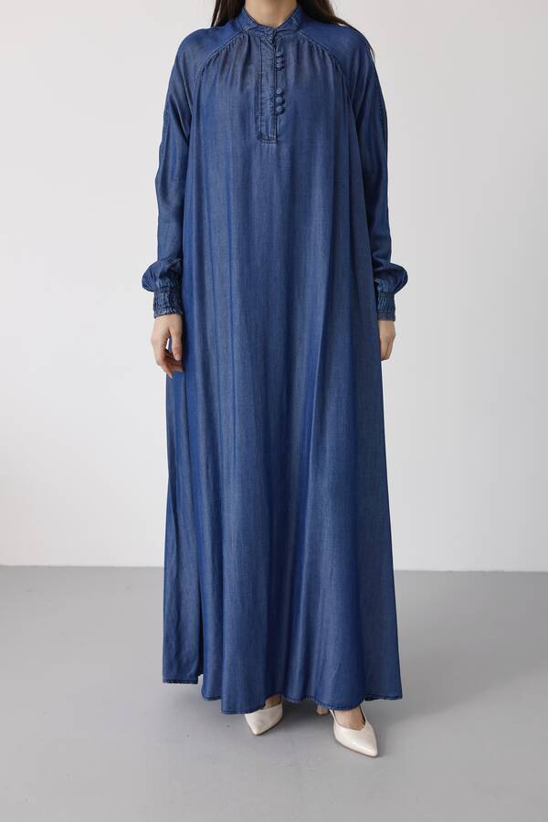 6665-Büzgülü Patlı Elbise Koyu Mavi