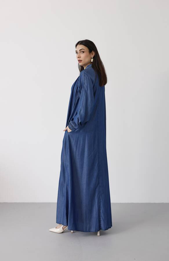 6665-Büzgülü Patlı Elbise Koyu Mavi