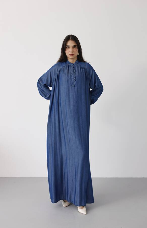 6665-Büzgülü Patlı Elbise Koyu Mavi