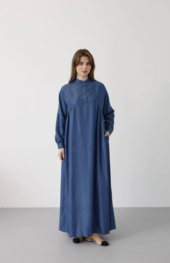 6667-Yarım Patlı Elbise Koyu Mavi