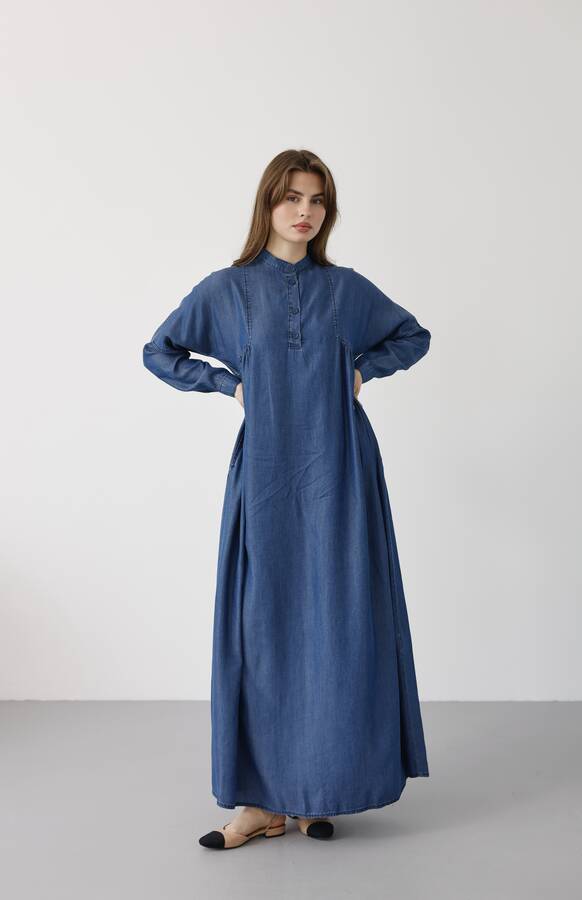 6667-Yarım Patlı Elbise Koyu Mavi