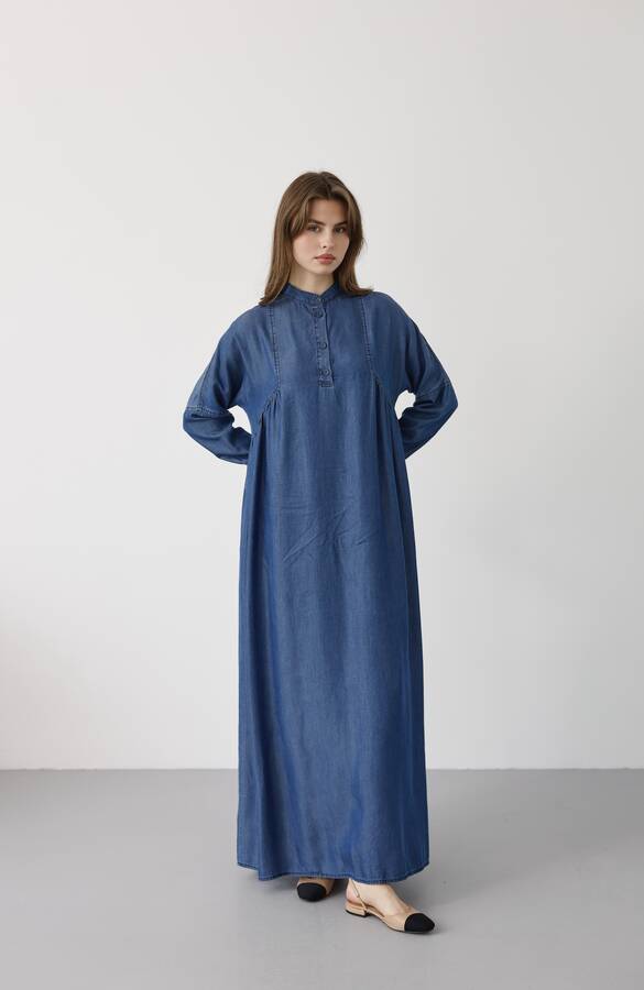 6667-Yarım Patlı Elbise Koyu Mavi