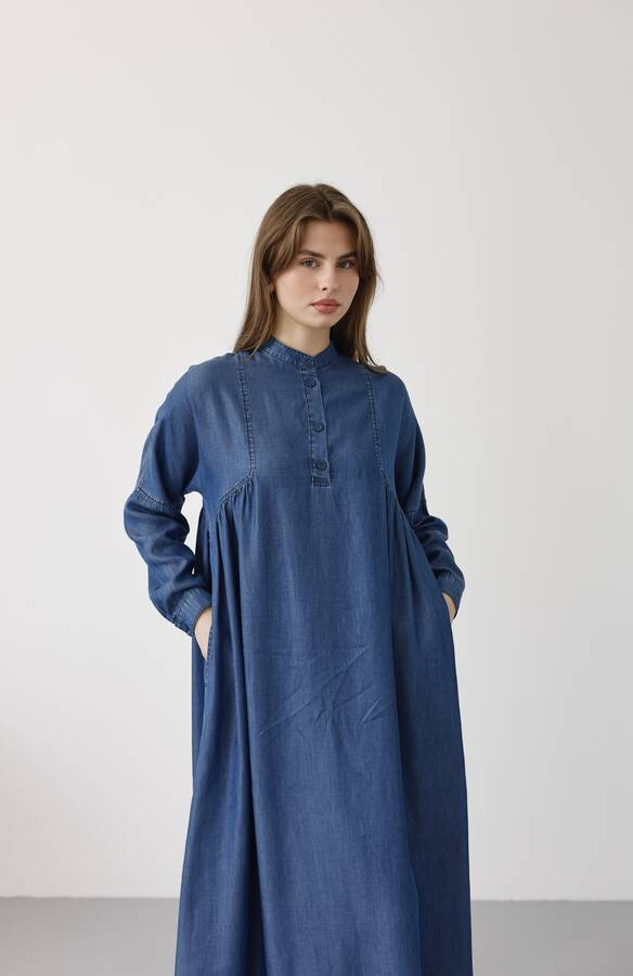 6667-Yarım Patlı Elbise Koyu Mavi