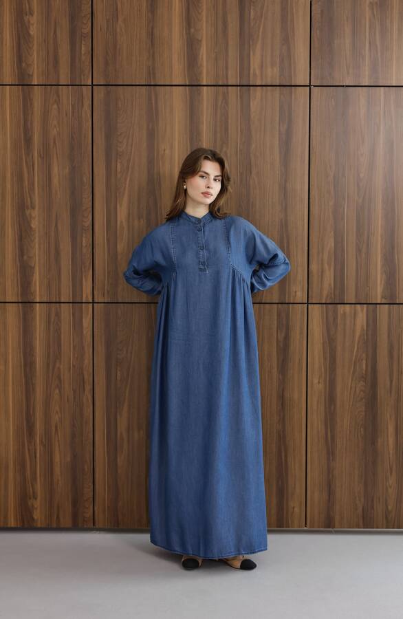 6667-Yarım Patlı Elbise Koyu Mavi