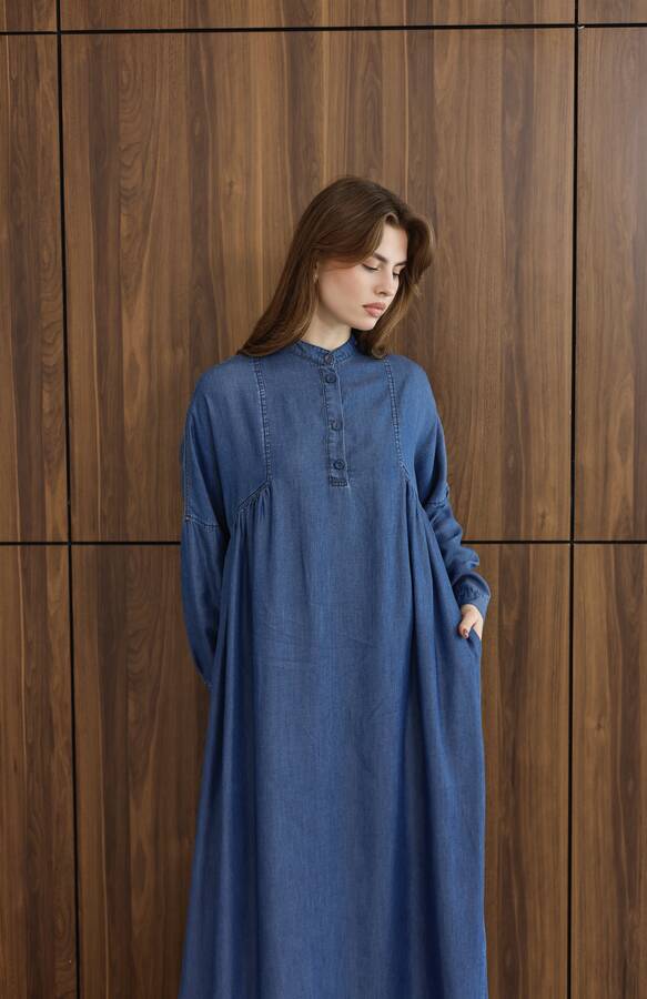 6667-Yarım Patlı Elbise Koyu Mavi