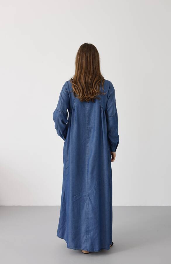 6667-Yarım Patlı Elbise Koyu Mavi