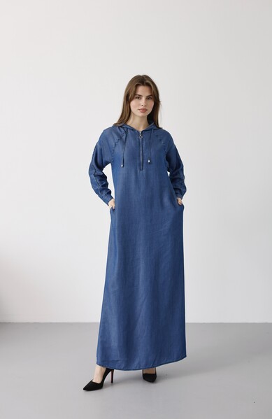 Neways - 6668-Kapşonlu Süs Kroşetalı Elbise Koyu Mavi