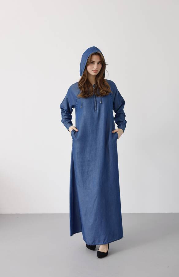 6668-Kapşonlu Süs Kroşetalı Elbise Koyu Mavi