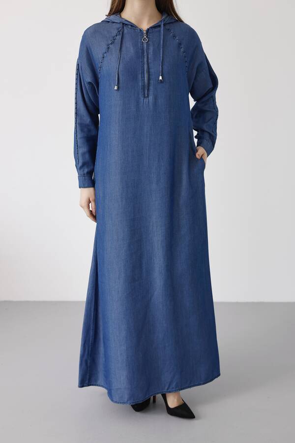 6668-Kapşonlu Süs Kroşetalı Elbise Koyu Mavi