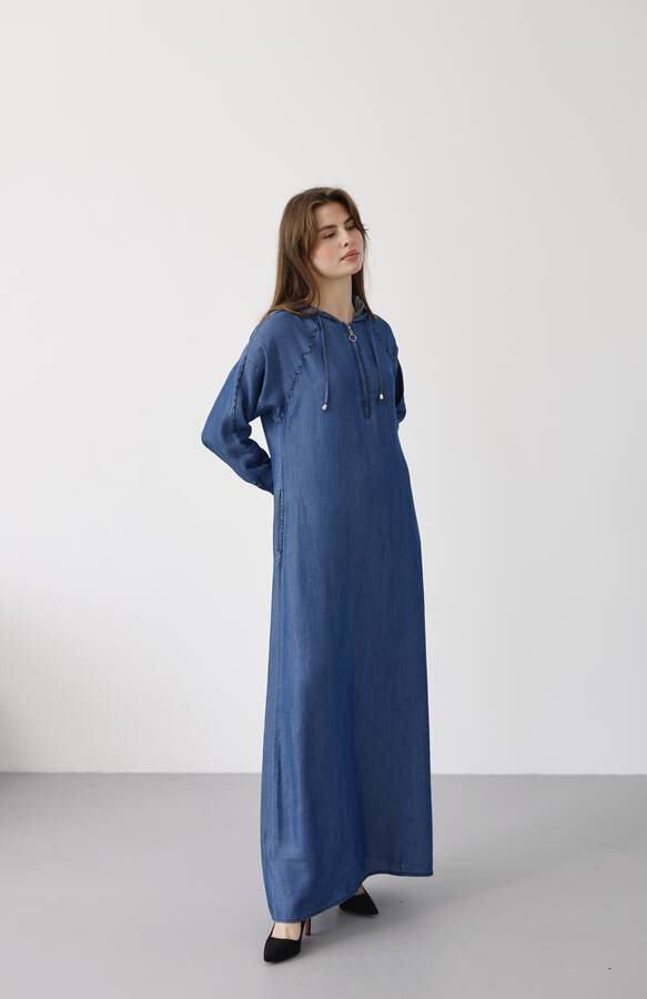 6668-Kapşonlu Süs Kroşetalı Elbise Koyu Mavi