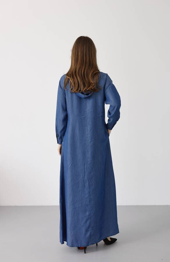 6668-Kapşonlu Süs Kroşetalı Elbise Koyu Mavi