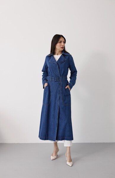Neways - 6669-Denim Kemerli Trençkot Koyu Mavi