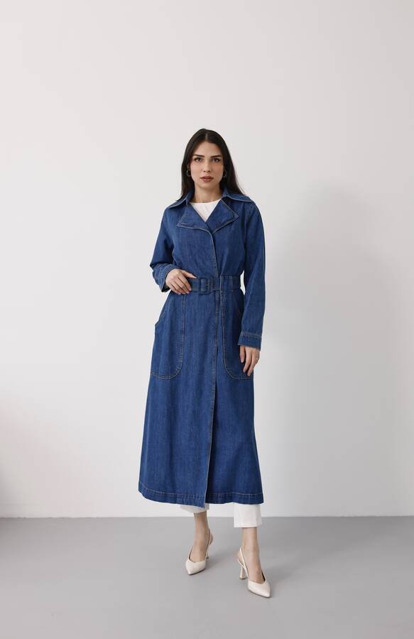 6669-Denim Kemerli Trençkot Koyu Mavi