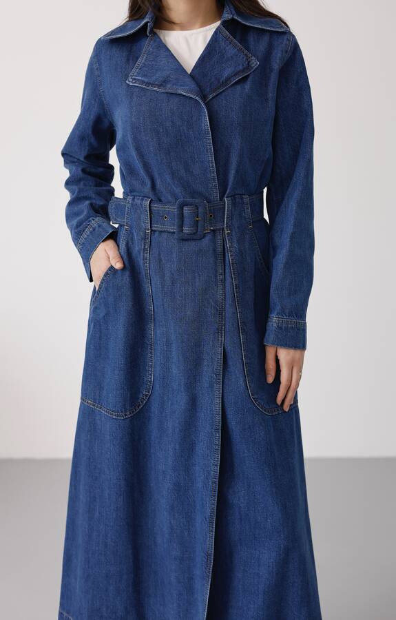 6669-Denim Kemerli Trençkot Koyu Mavi