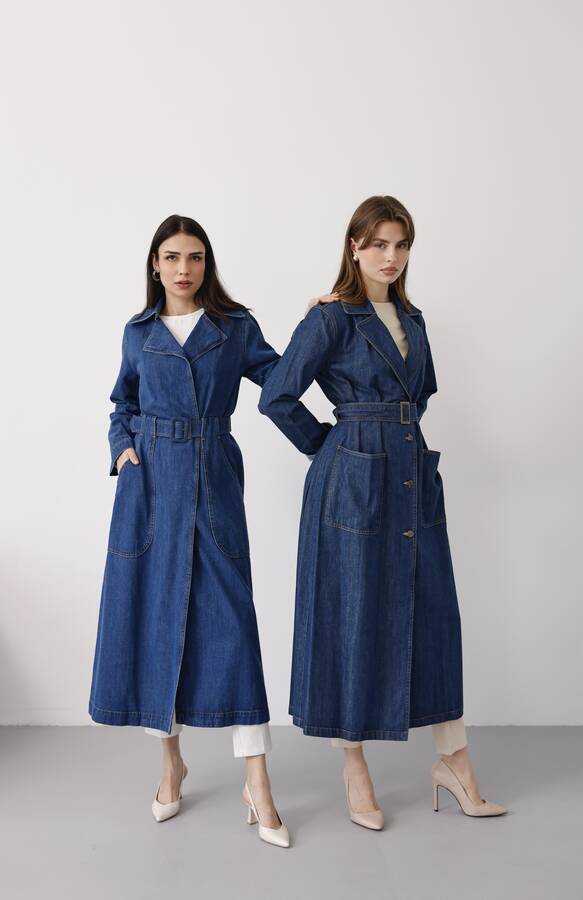 6669-Denim Kemerli Trençkot Koyu Mavi