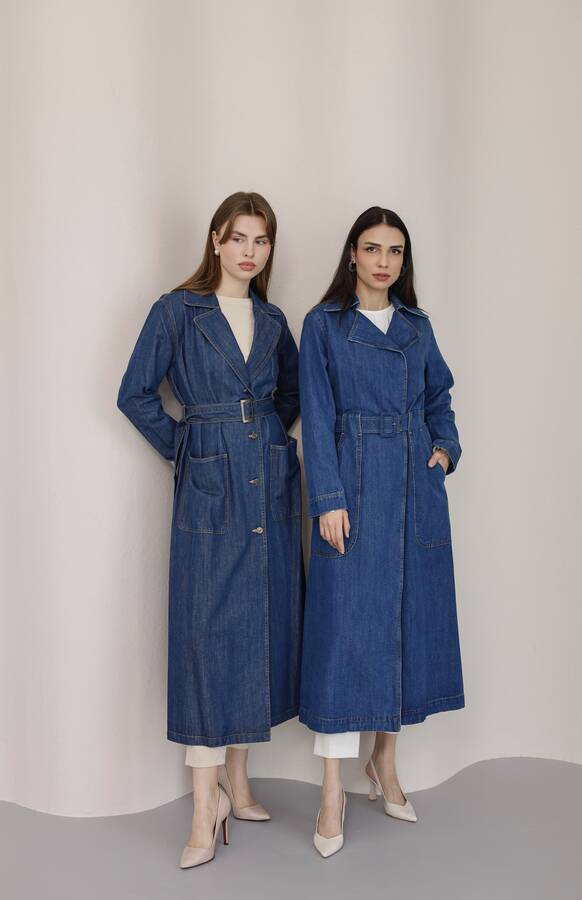 6669-Denim Kemerli Trençkot Koyu Mavi